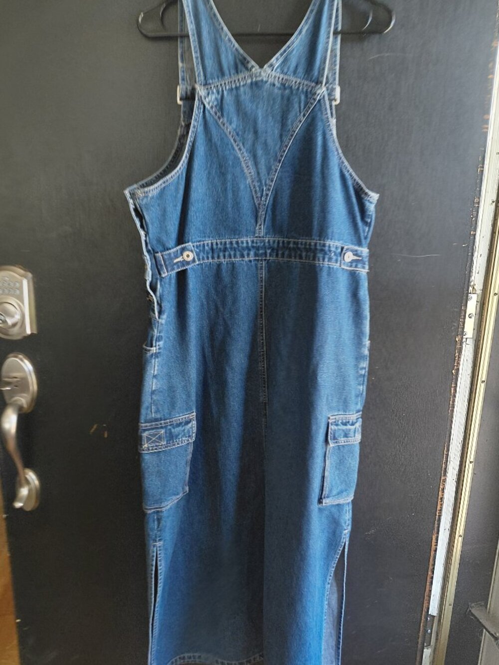 Vintage 90s Denim Overall Dress Utility Pockets Pinafore Large - Picture 3 of 11